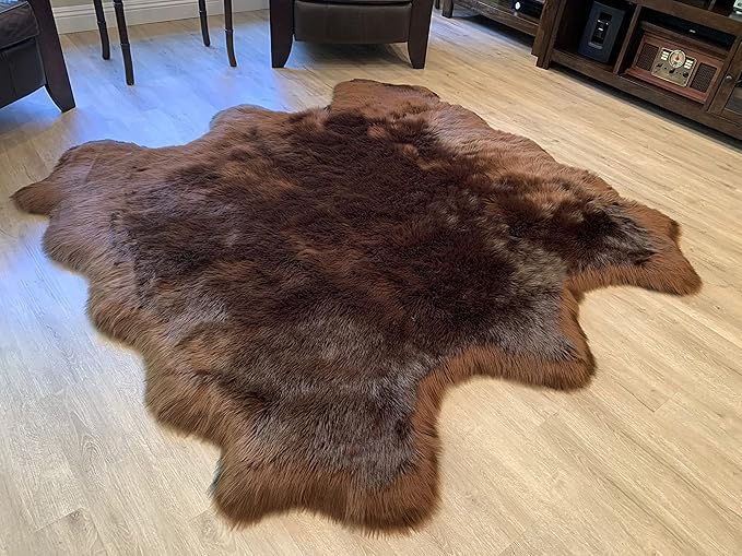 LAMBZY Faux Sheepskin Super Soft Hypoallergenic Silky Shag Rug for Living Room, Kids Room, Sofa (Sexto 6 Pelts 6'x6', Brown)