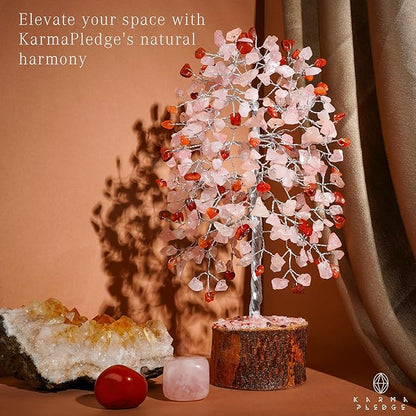 Healing Crystals Chakra Tree of Life for Positive Energy & Protection & Good Luck, Money, Feng Shui Decor for Home and Office Desk Decoration, Spiritual Gifts (Rose, Carnelian Dual Beads)
