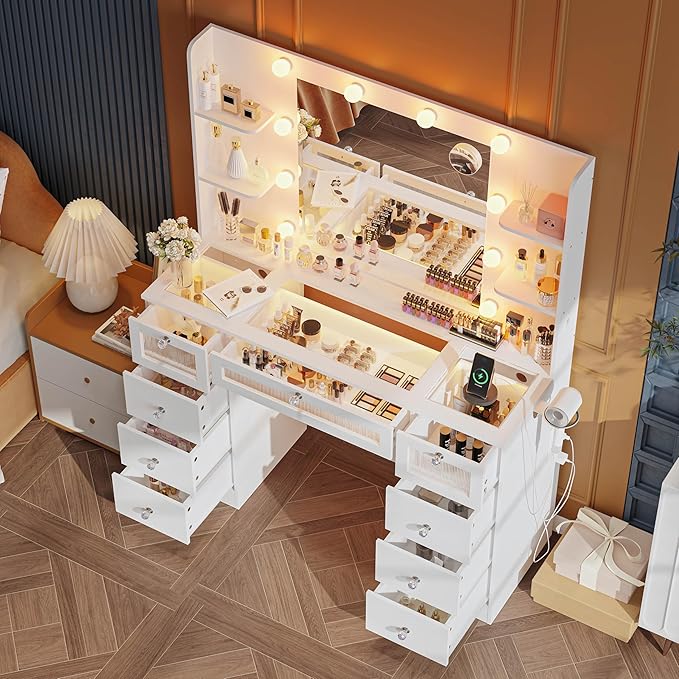 Makeup Vanity Desk with LED Lights and Large 23.5’’ Mirror, 9 Drawers Vanity with Glass Top & 3 Color Hollywood Bulbs, Make Up Vanity with Charging Station & Crystal Knobs for Woman, White