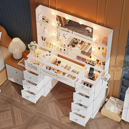 Makeup Vanity Desk with LED Lights and Large 23.5’’ Mirror, 9 Drawers Vanity with Glass Top & 3 Color Hollywood Bulbs, Make Up Vanity with Charging Station & Crystal Knobs for Woman, White