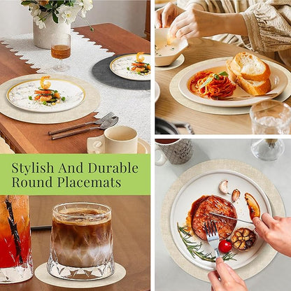 13-Inch Faux Leather Round Placemats Set of 6, Waterproof Anti-Slip Dual Sided Place mats, Heat Resistant Washable Table Mats with Coaster, Suitable for Indoor & Outdoor (6, Black Beige)