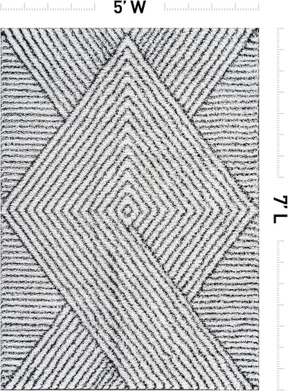 Rugshop Geometric Diamond Stripe Shag Area Rug White 5' x 7' Great for Bedrooms, Living Rooms, or Under Coffee Tables