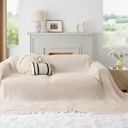 Bedsure Gentlesoft 100% Cotton Large Blanket Oversized King for Bed - Breathable Thick Waffle Weave Blanket for Summer, Couch Cover, Light Beige, 120x94 inches