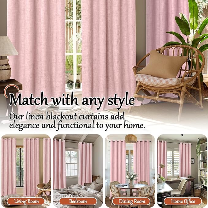 Lajode Baby Pink Linen Blackout Curtains for Girls Bedroom 84 Inch Length 2 Panels, Thermal Insulated Full Room Darkening Noise Reducing Privacy Grommet Window Curtains for Nursery, Each 52 Inch Wide