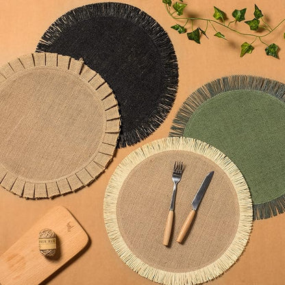FunWheat Burlap Round Braided Placemats Set of 12 for Dining Tables 15 Inch Heat Resistant Jute Table Mats Farmhouse Woven Fabric Natural Place mats for Fall Decorations Indoor Outdoor(Beige)