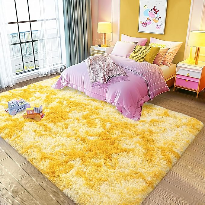 Large 9x12 Area Rug for Living Room, Soft Shag Thick Fluffy Plush Fuzzy Carpet for Bedroom, Non Slip Dorm Rug for Home Decor Aesthetic, Tie-Dyed Yellow