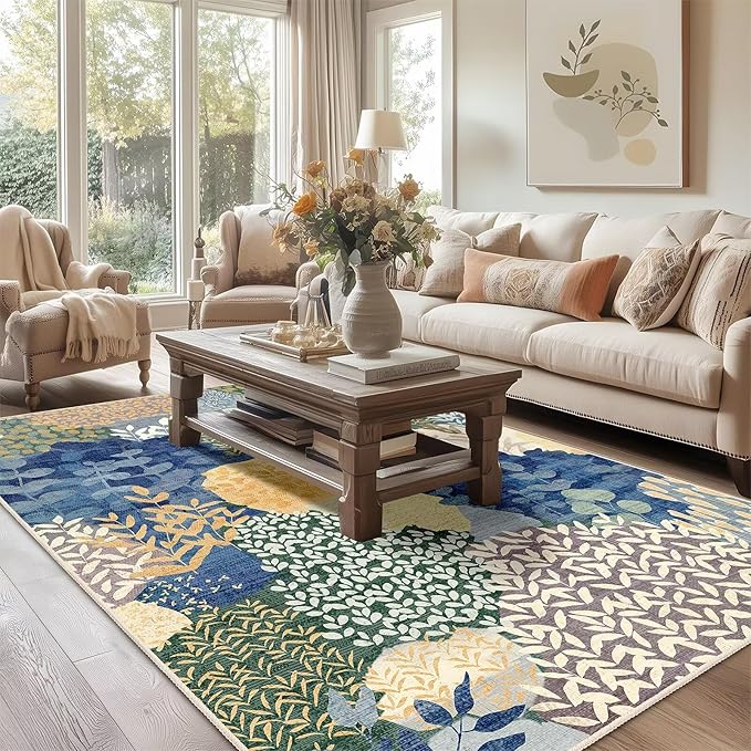 DEXDE Washable Area Rugs 6x9 for Living Room, Floral Large Rug Boho Print Vintage Low Pile Non Slip Carpet for Bedroom Kids Room Nursery Office Dinning Room,Blue