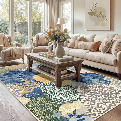 DEXDE Washable Area Rugs 6x9 for Living Room, Floral Large Rug Boho Print Vintage Low Pile Non Slip Carpet for Bedroom Kids Room Nursery Office Dinning Room,Blue