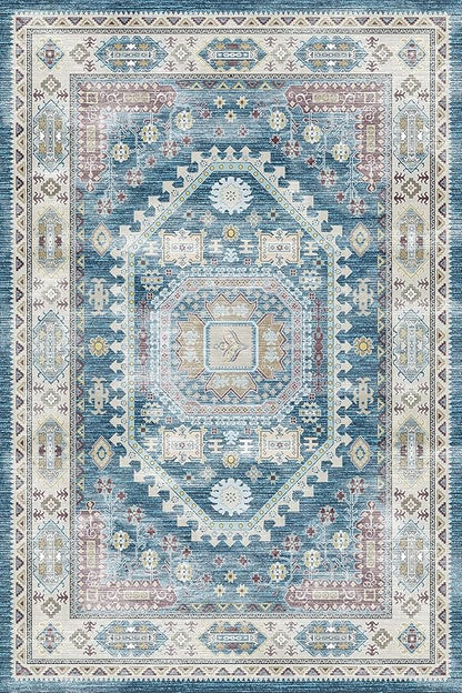 vivorug Blue 5x7 Area Rugs - Ultra-Thin Washable Rug with Non-Slip Backing, Ideal for Living Room, Bedroom, Dining Room Indoor - Vintage, Easy Clean, Durable, Low Pile Rug