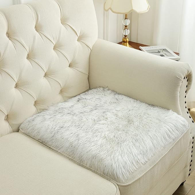 Softlife White Faux Fur Sheepskin Chair Cover 2 PCs Seat Cushion Pad Super Soft Area Rugs for Living Bedroom Sofa Dorm (1.6ft x 1.6ft, White-Grey Tip)