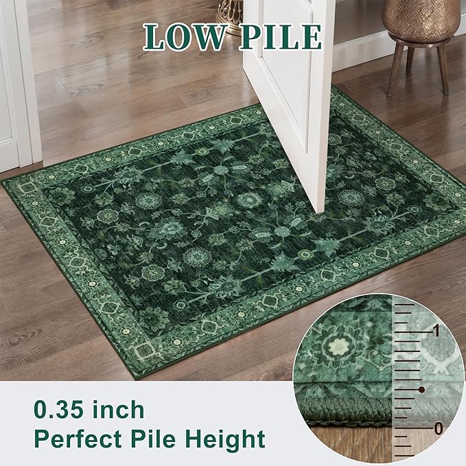 Tangsoo 5x7 Green Area Rug for Bedroom Living Room, Washable Vintage Floral Rug Non Slip,Low Pile Stain Resistance Distressed Retro Indoor Boho Carpet for Laundry Farmhouse Dinning Room Mat Home Decor