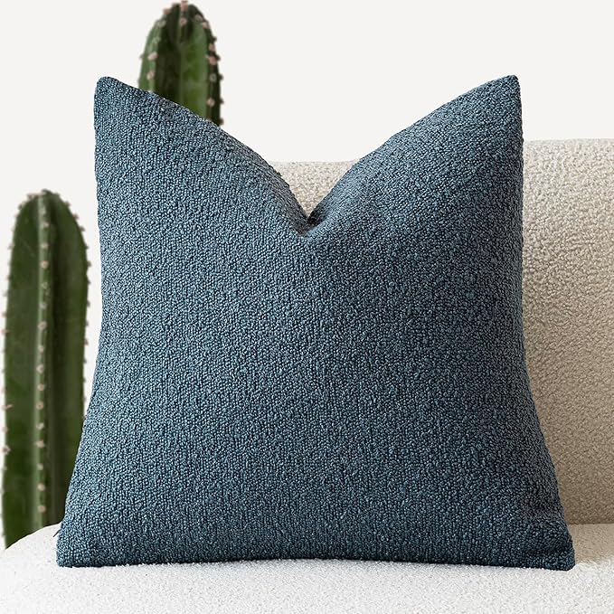 Foindtower Decorative Textured Boucle Throw Pillow Covers Accent Solid Pillow Cases Neutral Soft Cozy Couch Cushion Case for Chair Sofa Bedroom Living Room Home Decor 16x16 Inch,1PC,Blue