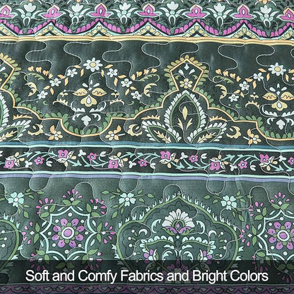 WONGS BEDDING Boho Quilt Full Size, Green Bohemian Full Quilt Set, Lightweight Microfiber Bed Decor Bedspread for All Season 78"x90"(3 Pieces)