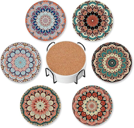 Drink Coasters for Drinks Set of 6,Mandala Absorbent Round Ceramic Stone Mat Coaster,with Cork Base and Metal Holder, Home Bar Decor House Warming Gift