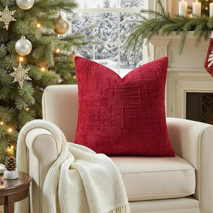 decorUhome Christmas Red Chenille Throw Pillow Covers 26x26 Set of 2 Thick Textured Slubby Couch Pillow Covers Farmhouse Accent Modern Neutral Decorative Pillow Cases for Bed Sofa Living Room