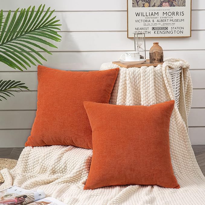 GAWAMAY Decorative Square Throw Pillow Covers 20x20 Inch Set of 2, Super Soft Chenille Pillows Farmhouse Fall Pillowcase for Living Room Bedroom Sofa Couch Cushion Cover Burnt Orange 50x50cm/20x20