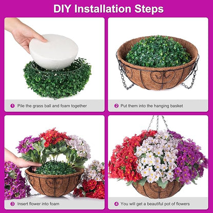 Artificial Flower in Hanging Basket Outdoor Indoor Decoration,Coconut Lining Flowerpot with Faux Plant,Daisy with Eucalyptus Leaves Arrangement for Home Spring Summer Decor(Red Purple White)