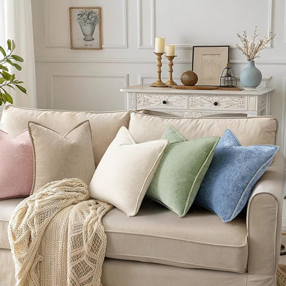 decorUhome Spring Chenille Soft Throw Pillow Covers 16x16 Set of 2, Farmhouse Velvet Neutral Decorative Pillow Covers with Stitched Edge for Couch Sofa Bed Home Decor, Beige