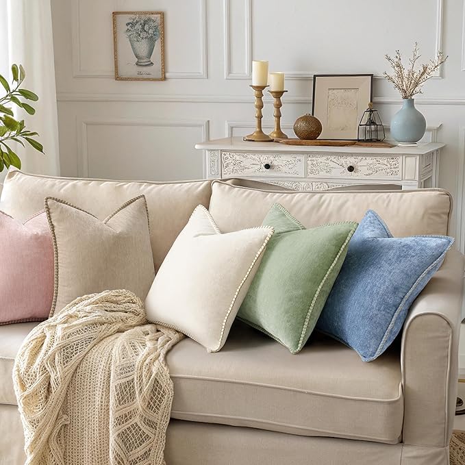 decorUhome Spring Chenille Soft Throw Pillow Covers 26x26 Set of 2, Farmhouse Velvet Neutral Decorative Euro Sham Pillow Covers with Stitched Edge for Couch Sofa Bed Home Decor, Beige