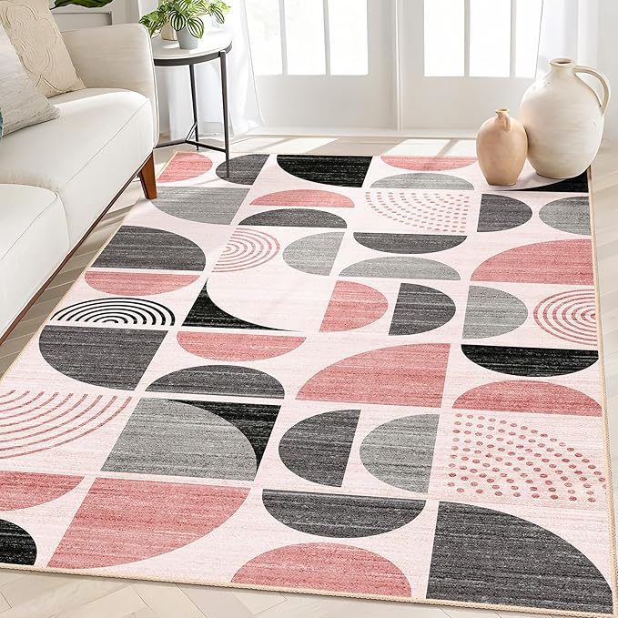 MUJOO Pink Rug Boho Washable,4x6.5 Area Rugs for Bedroom Entryway Living Room Bedside,Small Throw Floor Carpet Non Slip Soft Indoor Modern Abstract Pink and Grey