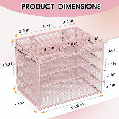 5 Tier Paper Letter Tray with 3 Drop-in Pen Holders, Mesh Desk File Organizer with Handle, Desk Organizers and Accessories for School,Home, Office Supplies Storage-Pink
