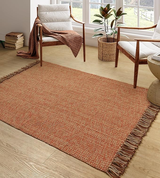 Collive Comfy Area Rug 4' x 6', Terra Woven Cotton Bedroom Rugs, Modern Indoor Accent Rug Floor Carpet with Tassel for Living Room, Nursery Room, Dining Room, Bedside
