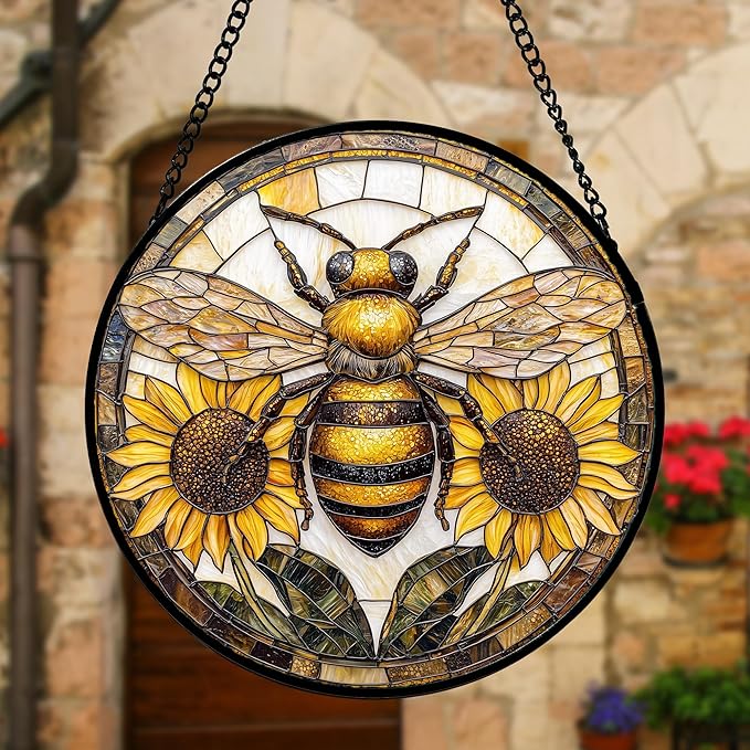 DASTOLL Stained Glass Window Hanging - Bee Sunflower Yellow Suncatcher Ready to Hang Window Doors Home Decoration and Christmas, Mother's Day Birthday Gifts for Women, Men, and Mom 7.8x7.8 in