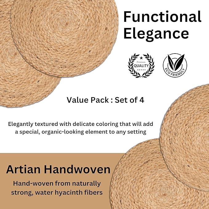 Farmhouse Jute Braided Placemat Set of 4 - Round Hand Beaded Charger Placemat -Hand Made by Skilled artisans - A Beautiful complement to Your Dinner Table décor - Natural - 13 Inch Round