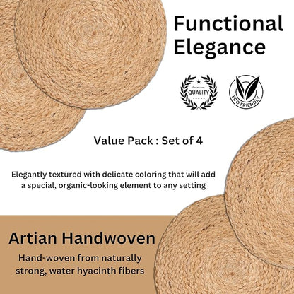 Farmhouse Jute Braided Placemat Set of 4 - Round Hand Beaded Charger Placemat -Hand Made by Skilled artisans - A Beautiful complement to Your Dinner Table décor - Natural - 13 Inch Round