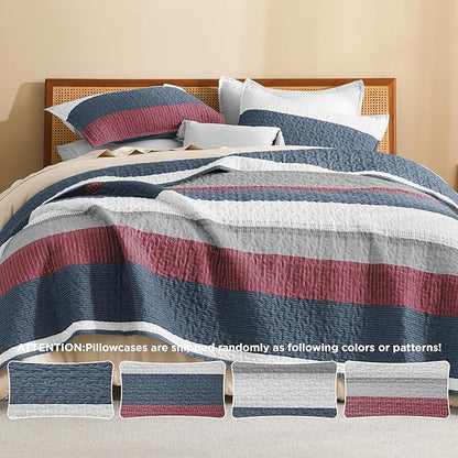 Litanika Quilt King Size Blue and Red, Stripe Patchwork Summer Bedspread Coverlet 3 Pieces, Soft Lightweight Microfiber Quilted Bedding Set for All Season(1 Quilt, 2 Pillowcases)