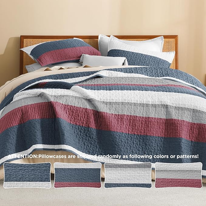 Litanika California King Quilt Set Blue and Red - Cal King Oversized Stripe Comforter Bedspreads & Coverlets - Soft Lightweight Quilted Bedding Set for All Season(1 Quilt, 2 Pillowcases)