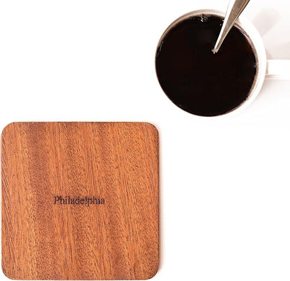 Philadelphia Map Coaster by O3 Design Studio, Set Of 4, Sapele Wooden Coaster With City Map, Handmade