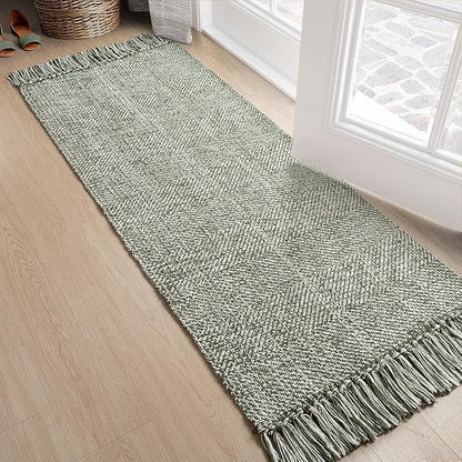 Collive Hallway Runner Rug, 2' x 5' Soft Washable Kitchen Runner Rug, Olive Green/Cream Contemporary Modern Laundry Room Rugs Indoor Hand-Woven Cotton Carpet for Bedroom Entryway Front Door Farmhouse