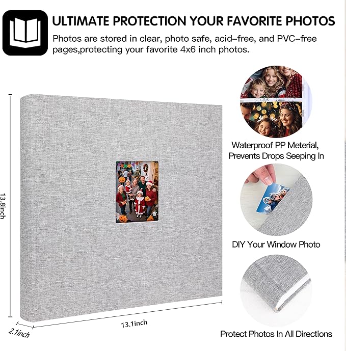 Photo Album 4x6 600 Photos with Writing Space,4 x 6 Photo Book Linen Cover with Front Window, 4x6 Picture Album, 600 Photos Photo Album Book for Wedding Kids Travel Family Baby Pictures (Grey)