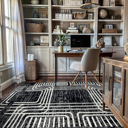 Rugshop Black and White Geometric Area Rug – Abstract Curved Line and Square Pattern Carpet for Living Room, Bedroom, or Office – Contemporary Soft Floor Décor 5' x 7' Black