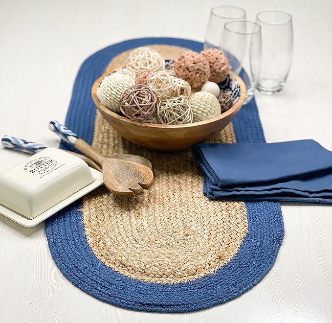 CHARDIN HOME Verona Oval Woven Jute & Cotton Braided Table Runner, Size -13 x 36 Inches, Color - Natural Jute with Navy Blue Border