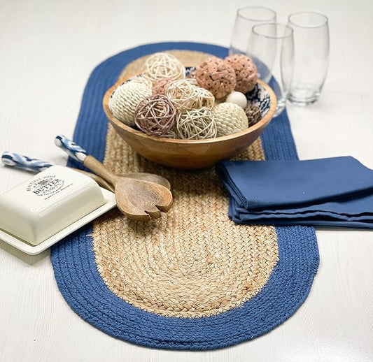 CHARDIN HOME Verona Oval Woven Jute & Cotton Braided Table Runner, Size -13 x 36 Inches, Color - Natural Jute with Navy Blue Border