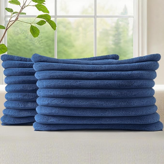 decorUhome Faux Fur Spring Throw Pillow Covers 12x20 Set of 2, Decorative Soft Plush Striped Lumbar Neutral Couch Pillow Covers with Velvet Back for Sofa, Bed, Living Room Home, Blue