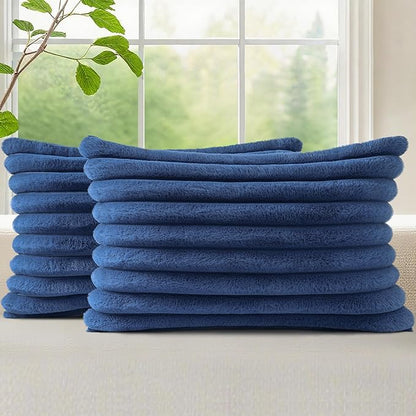decorUhome Faux Fur Spring Throw Pillow Covers 12x20 Set of 2, Decorative Soft Plush Striped Lumbar Neutral Couch Pillow Covers with Velvet Back for Sofa, Bed, Living Room Home, Blue