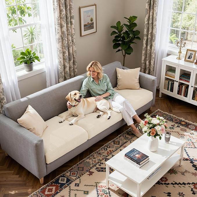 CHUN YI 3 Piece Couch Cushion Covers for XL-Sofa Seat Slipcovers Suitable with Spandex Jacquard Washable Fabric (3 Piece XL-Sofa Cushion Covers, Ivory)