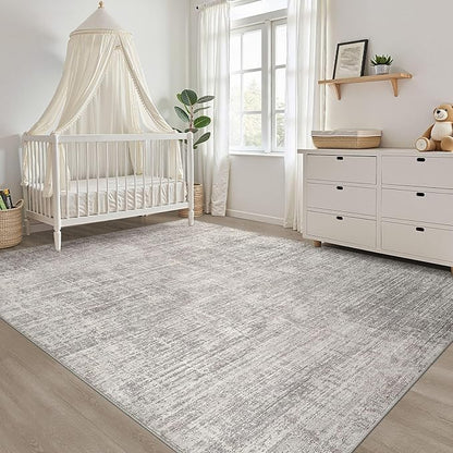 9x12 Area Rugs Living Room: Washable Large Neutral Rug Abstract Soft Modern Stain Resistant Indoor Floor Non-Slip Carpet for Bedroom Nursery Kids Office Playroom Dining Room Under Table- Brown Gray