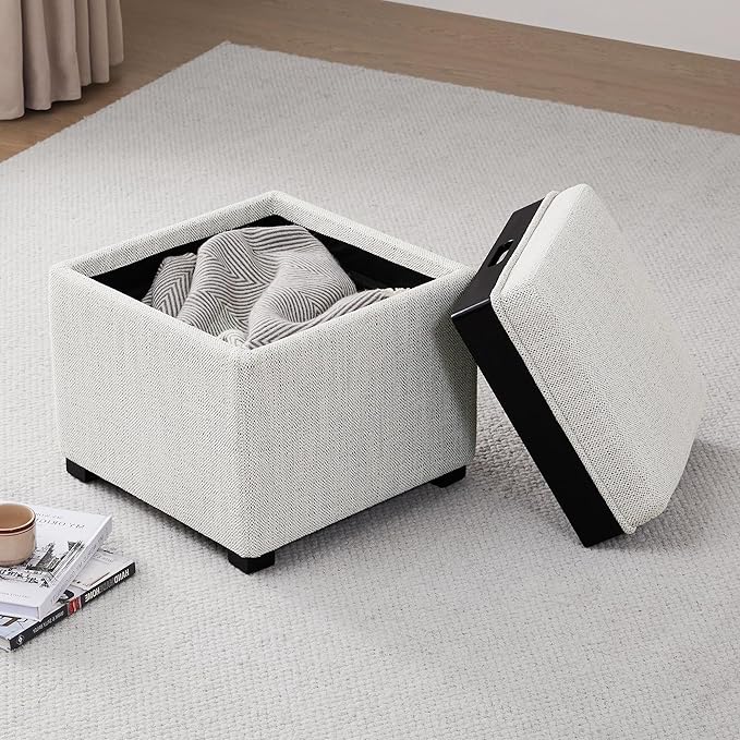 CHITA Storage Ottoman Cube with Tray Lid, Small Footstool with Storage, Square End Table for Living Room and Bedroom, Fabric in Ivory