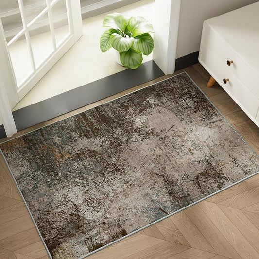 Small Rug with Abstract Pattern for Entryway Short Pile with Non-Slip Backing Throw Rugs, Foldable Kitchen Bathroom Rugs 2x3 FT Brown