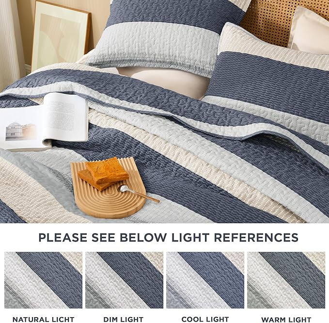Litanika Quilt King Size Blue and Yellow, Stripe Patchwork Summer Bedspread Coverlet 3 Pieces, Soft Lightweight Microfiber Quilted Bedding Set for All Season(1 Quilt, 2 Pillowcases)