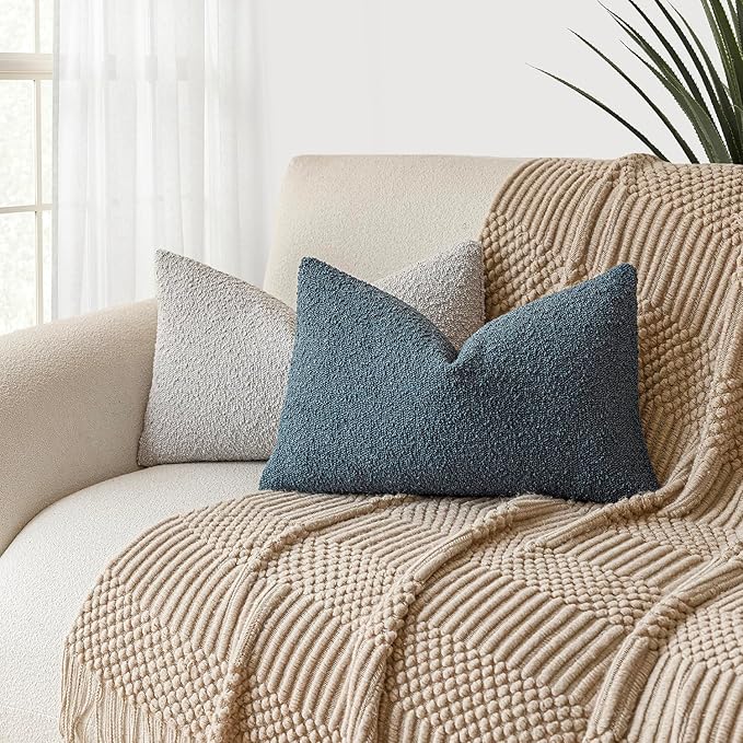 Foindtower Textured Boucle Throw Pillow Covers Accent Solid Lumbar Pillow Cases Cozy Soft Decorative Couch Cushion Case for Chair Sofa Bedroom Living Room Home Decor, 12 x 20 Inch,Blue