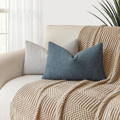 Foindtower Textured Boucle Throw Pillow Covers Accent Solid Lumbar Pillow Cases Cozy Soft Decorative Couch Cushion Case for Chair Sofa Bedroom Living Room Home Decor, 12 x 20 Inch,Blue