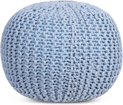 BIRDROCK HOME Round Pouf Ottoman | Cotton Braided Foot Stool with Bean Bag Filling | Boho Foot Rest for Living Room & Bedroom | Compact & Comfortable Seating, Lightweight & Soft | Soft Blue