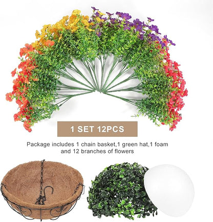 Artificial Faux Hanging Flowers Plants Basket for Outdoors Outside Spring Summer Decoration,Hanging Planters with Silk Fake Flowers Realistic UV Resistant Balcony Porch Garden Patio Home(4 Multicolor)