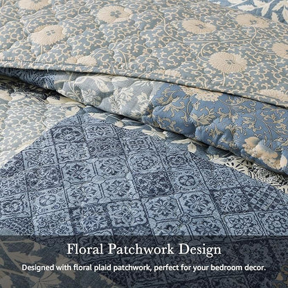 CASAAGUSTO Twin Quilt Set - 2 Pieces Patchwork Blue Quilt Bedding Set, Lightweight Twin Bedspread Coverlet, Reversible Floral Bed Cover for All Seasons (66"x92", 1 Quilt + 1 Pillow Sham)