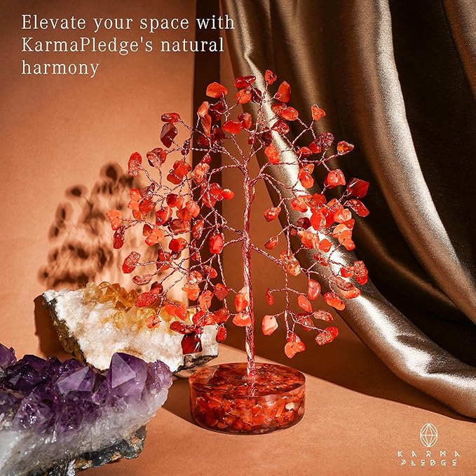 Crystal Tree for Home and Office Decor, Carnelian Chakra Healing Stones Handmade Feng Shui Bonsai Tree of Life for Positive Energy, Money, Good Luck, Christmas Decor, Birthday Gifts for Women, Mom